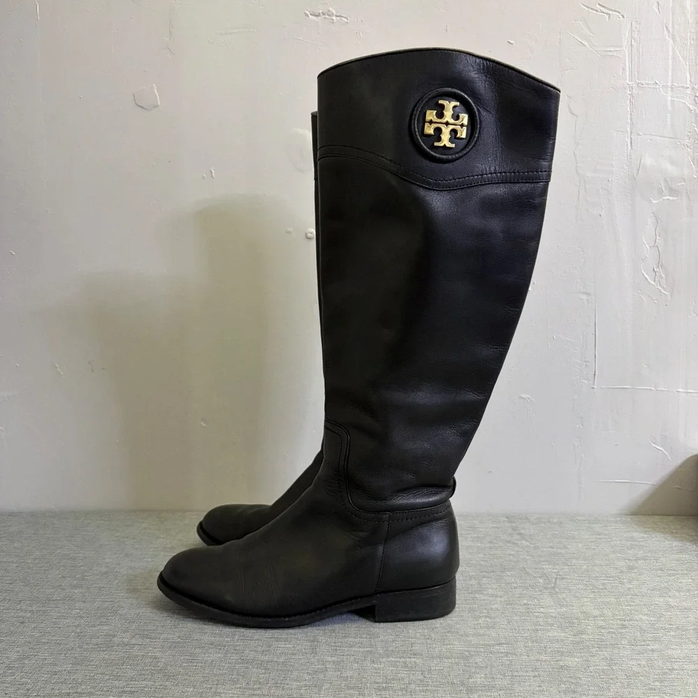 Tory Burch Riding Boots Womens 7.5 Kiernan Leather Tall Gold Logo Medallion